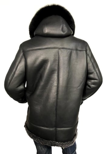 G-Gator Black Genuine Sheepskin Leather / Fox Fur Shearling Aviator Parka Coat With Hood B-7 / 807.