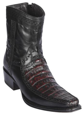 Los Altos Black Cherry Genuine Caiman Belly and Deer Leather  European Square Toe Low Shaft Cowboy Boots 76BF8218