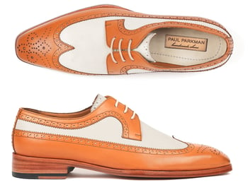 Paul Parkman "924CC55 Cognac / Cream Genuine Calfskin Dual Tone Wingtip Derby Shoes.