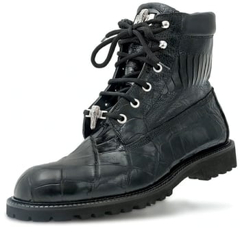 Mauri "Commando" 4637 Black Genuine Alligator / Ostrich Leg / Calfskin Lace-Up Boots With Silver Alligator Head