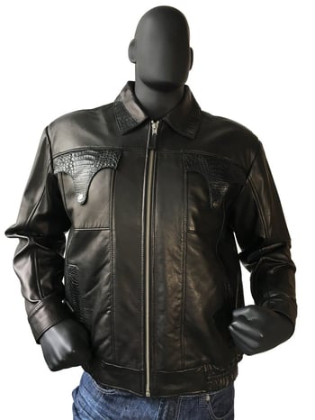 G-Gator Black Leather Bomber Jacket With Alligator Pocket / Collar / Back Trimming 2035.