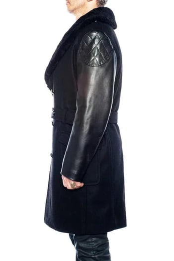 G-Gator Style 1400 Black Wool Coat with Leather Sleeves Mouton Collar Belted Coat