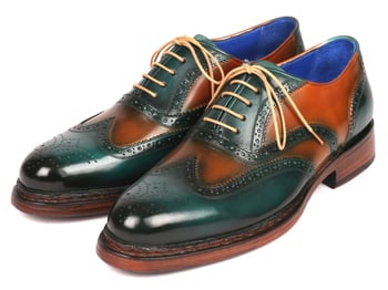 Paul Parkman Green / Tobacco Genuine Leather Wingtip Goodyear Welted Oxford Dress Shoes 027-GRN-TAB