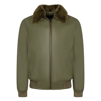 G-Gator 2220 Olive Green Genuine Lambskin Leather Bomber Jacket Removable Mink Fur Collar	