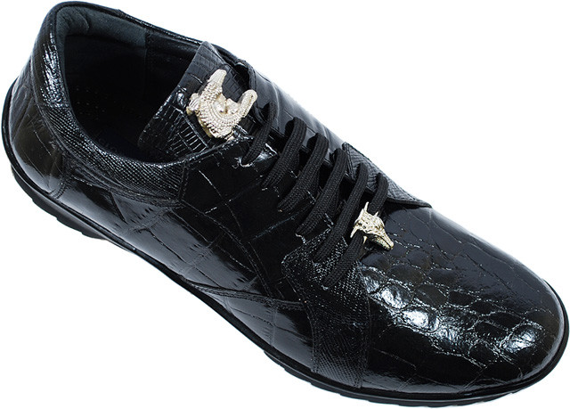 Giorgio Brutini Black Alligator Print Sneakers With Silver Alligator O