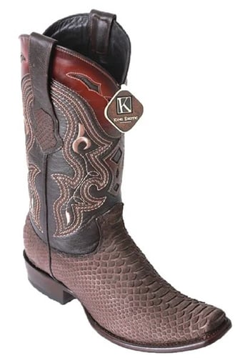 King Exotic Brown Suede Suede Genuine Python Skin Dubai Square Toe Cowboy Boots 479N5707