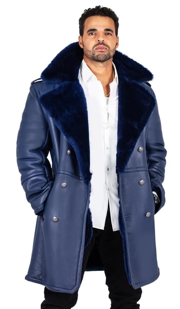 G-Gator 5000 Navy Shearling Sheepskin Double Breasted Trench Coat