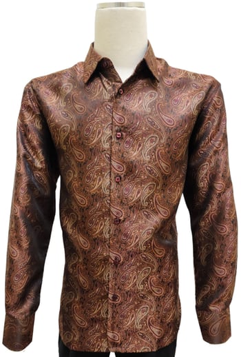 Bagazio Copper / Wine / Camel Paisley Embroidered Long Sleeve Satin Shirt BM2247