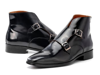 Paul Parkman 8154-BLP Black Genuine Polished Leather Double Monkstrap Ankle Boots