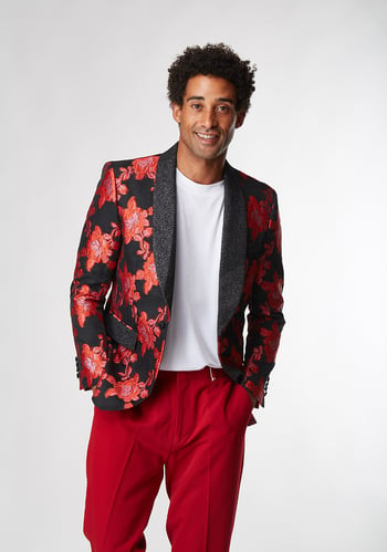 Saint Lorenzo Red / Black Woven Metallic Floral Slim Fit Satin Blazer / Bow Tie SW-14