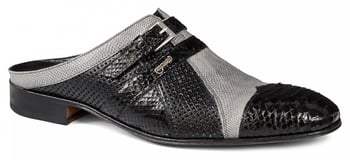 Mauri "4803" Black Genuine Python / Black-Grey Karung / Black Perforated Half Shoes.