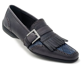 Mauri "Italo" 9230 Hand-Painted Charcol Grey / Blue Genuine Alligator / Calfskin Loafer Shoes With Leather Fringes And Monkstrap