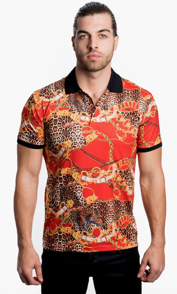 V.I.P. Red / Gold / Black Multi-Pattern Short Sleeve Polo Shirt VPK20