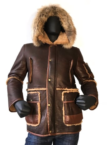 G-Gator Brown Sheepskin Parka Jacket With Hood And Leather Trimming Style 3800.