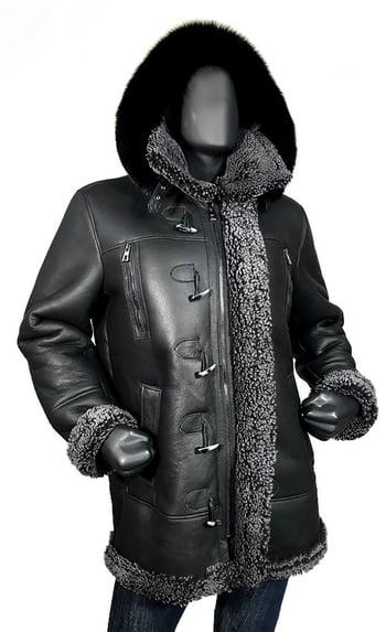 G-Gator Black Genuine Sheepskin Leather / Fox Fur Shearling Aviator Parka Coat With Hood B-7 / 807.