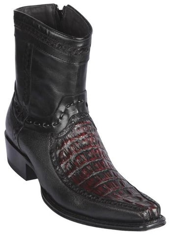 Los Altos Black Cherry Genuine Caiman Tail and Deer Boots  Leather  European Square Toe Low Shaft Cowboy Boots 76BF0118