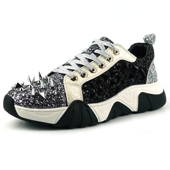 Encore by Fiesso FI-2406 Silver Black Glitter Spiked Lace-Up Sneaker