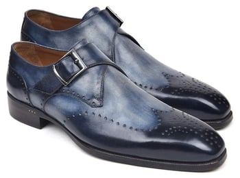 Paul Parkman ''98F54-NVY" Navy Genuine Leather Monkstrap Wingtip Shoes.