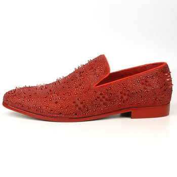 Fiesso Red Suede Rhinestones Spikes Slip on Loafer FI7516.