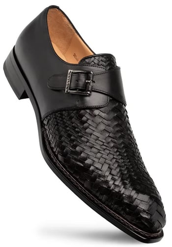 Mezlan "Temi" Black Genuine Woven Calfskin Leather Monk Strap 21069.