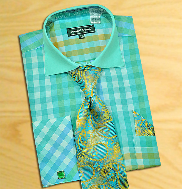 Avanti Uomo Mint Green / White Check Design Shirt / Tie / Hanky Set Wi
