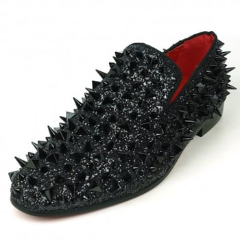 Fiesso Black Glitter Black Spikes Slip on Loafer FI7517.