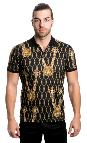 V.I.P. Black / Gold Medusa Design Short Sleeve Polo Shirt VPK20