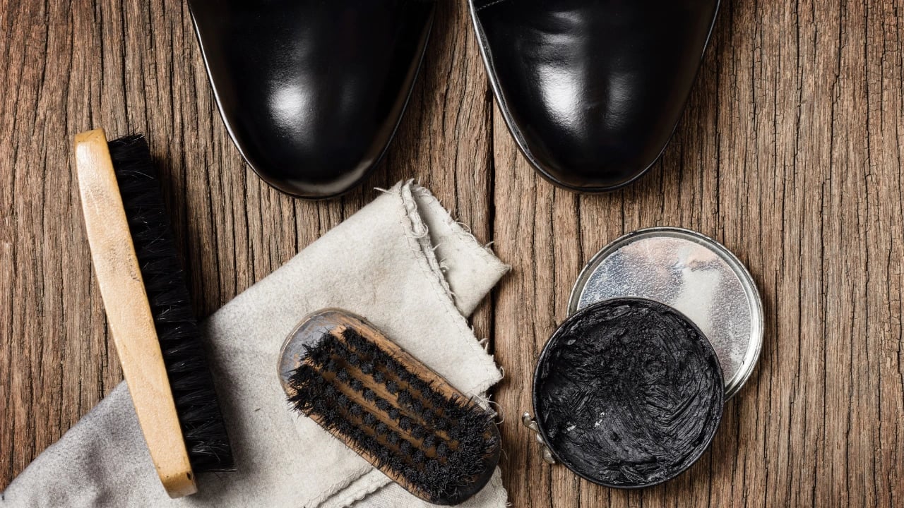 alligator shoes and cleaning tools on a wood
