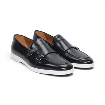 Duca Di Matiste Rimini Navy Calf Leather Italian Crafted Rubber Sole Double Monk-Strap Loafers