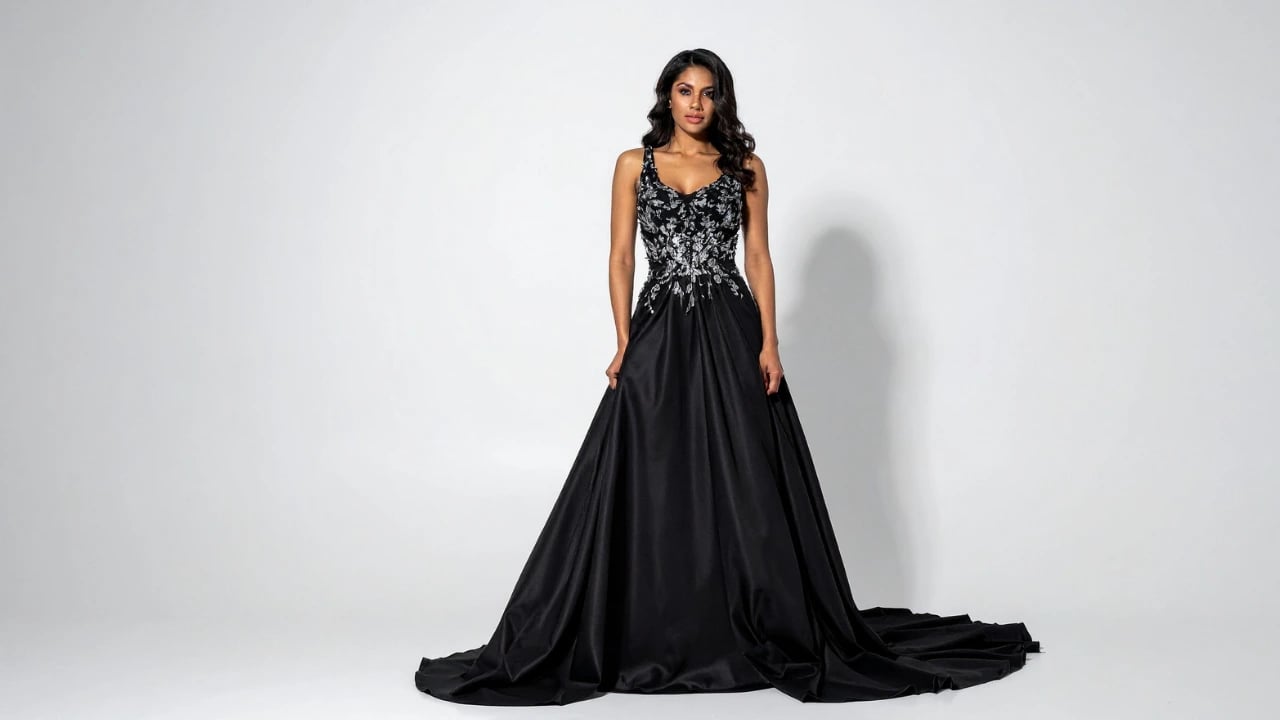 a woman wearing a black long gown