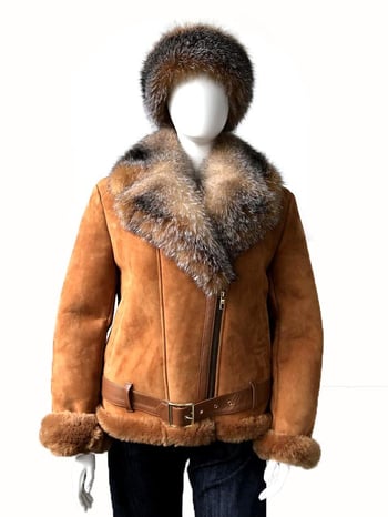 G-Gator Ladies Genuine Sheepskin / Fox Fur Belted / Collar Motorcycle Jacket 1020.