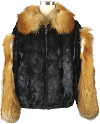 Winter Fur Black / Red Genuine Mink Section Bomber Jacket With Fox Collar and Sleeves M69R01BKRF.