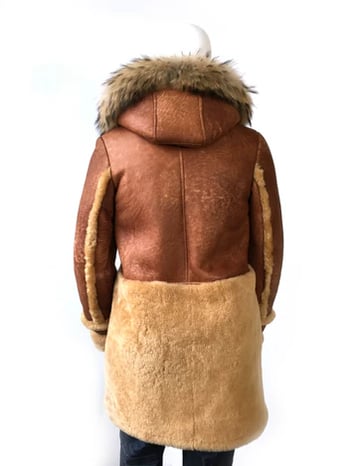 G-Gator 1044 Women’s Brown Sheepskin Shearling Long Coat with Coyote Fur Hood