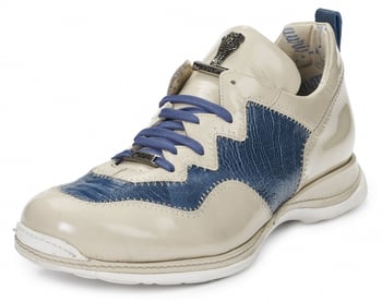 Mauri ''Tanaro'' 8696 Beige / Caribbean Blue Genuine Baby Patent Leather / Ostrich Leg Casual Sneakers.