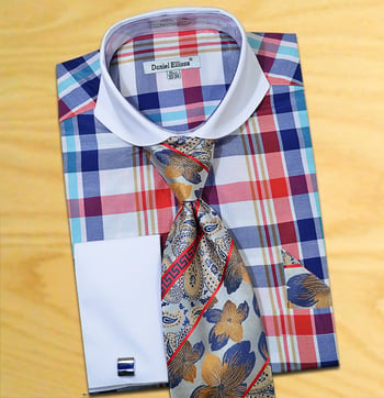 Daniel  Ellissa Navy / Red / Aqua / White Check Design Shirt / Tie / Hanky Set With Free Cufflinks DS3767P2