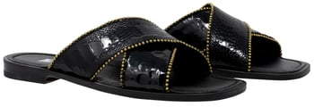 Mauri "Luxor" 5062 Black Genuine Ostrich Leg / Homer Fabric Patent Leather Sandals.