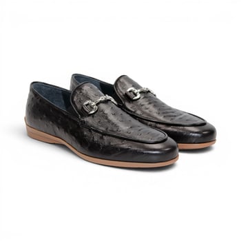 Duca Di Matiste Cortona Black Stampa Struzzo Leather Horsebit Loafer