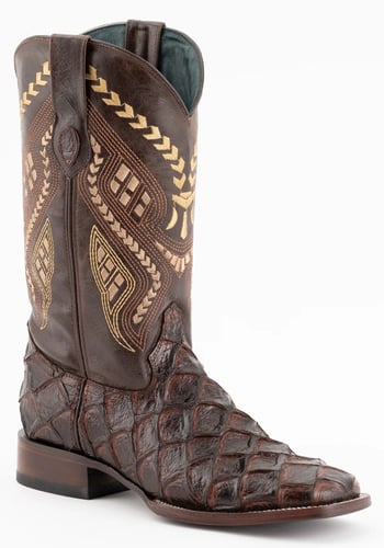 Ferrini "Bronco" Chocolate Pirarucu Print Leather Square Toe Cowboy Boots 43393-09