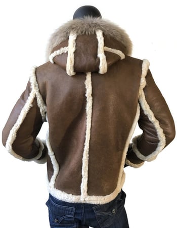 G-Gator Antique Brown Genuine Sheepskin / Fox Fur Motorcycle Jacket With Hood 3910.