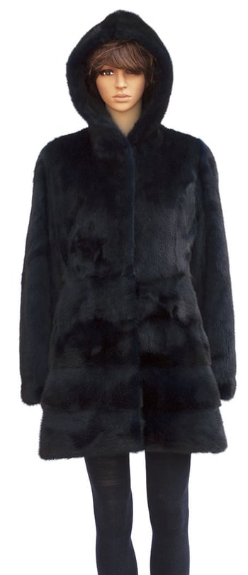 Winter Fur Ladies Black Full Skin Mink 3/4 Coat With Hood W59Q02BK