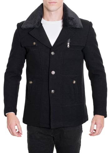 De-Niko Black Wool Blend Single Breasted Pea Coat / Removable Faux Fur Collar MW939