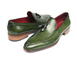 Paul Parkman 083 Green Genuine Leather Hand-Painted Loafer Shoes With Tassel